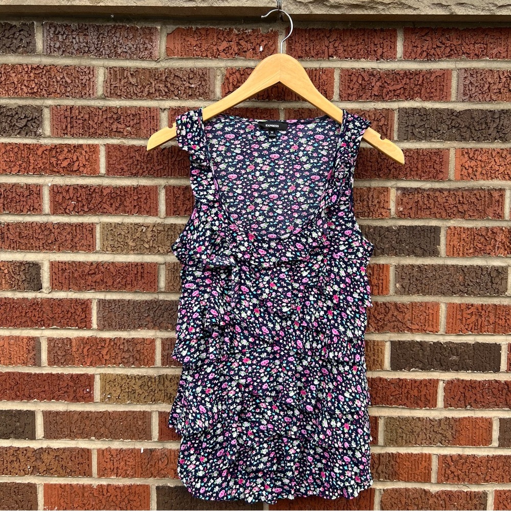 Express Navy Blue and Pink Mini Floral Scoop Neck Ruffle Tier Linen Tank Top